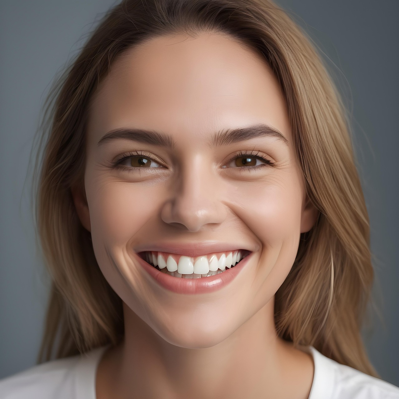 Young woman showing teeth with dental braces